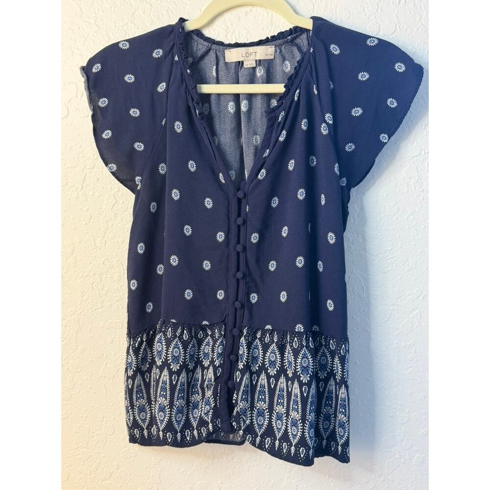 LOFT Petites Navy Blue Floral Print Button Front Flutter Sleeve Blouse Size MP